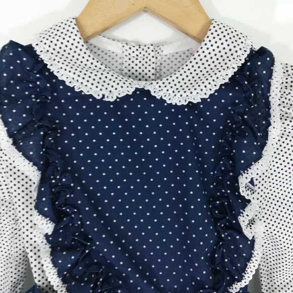 Vintage Miss Quality Girl Ruffled Dress Size 6 Polka Dot Lace Circle 80s Bow - Picture 5 of 15